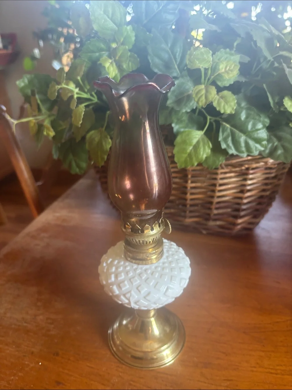 Vintage diamond design milk glass with brass tone base hurricane mini oil lamp
